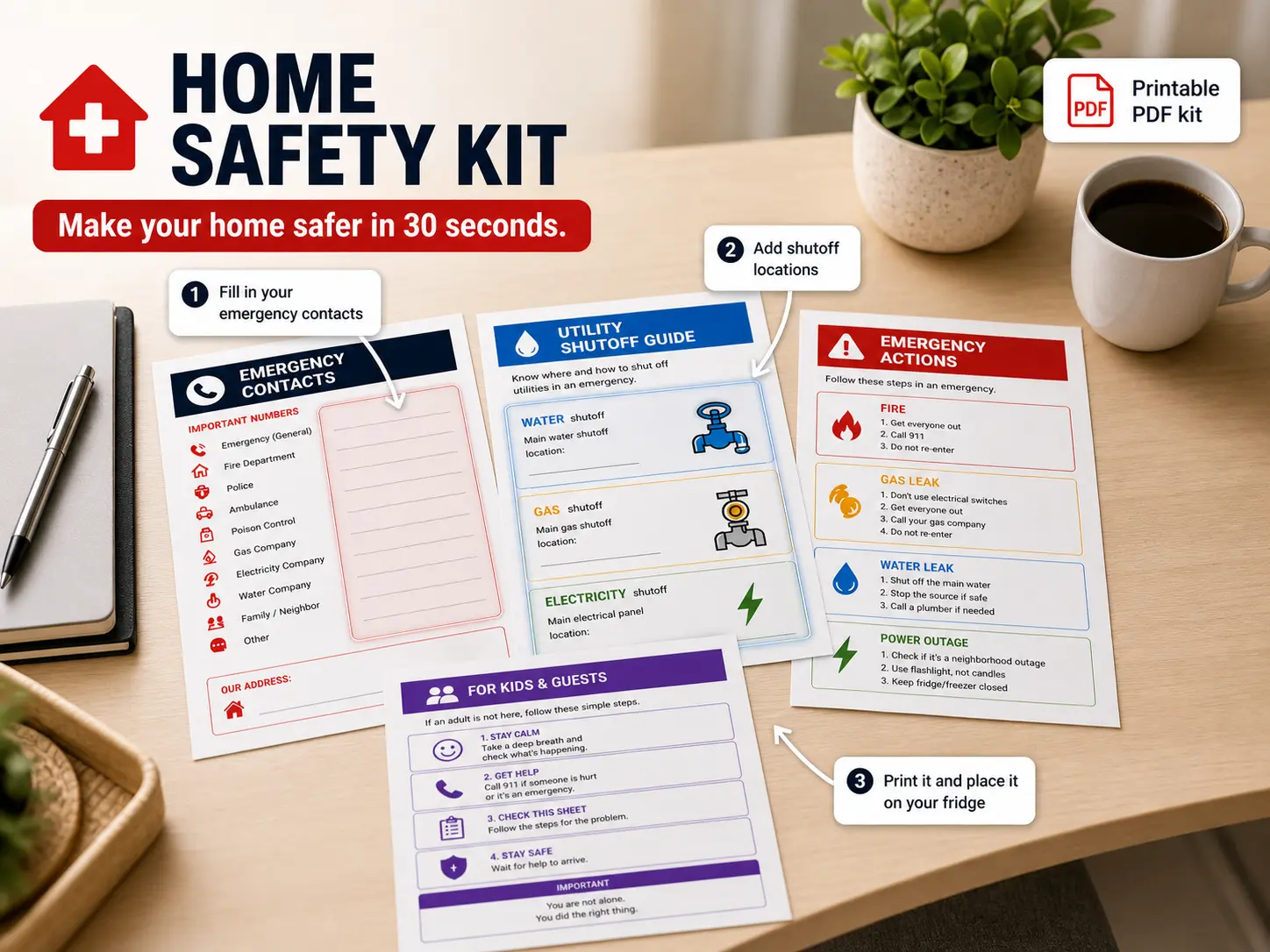 Printable Home Safety Kit with emergency contacts, utility shutoff guide and step-by-step emergency actions