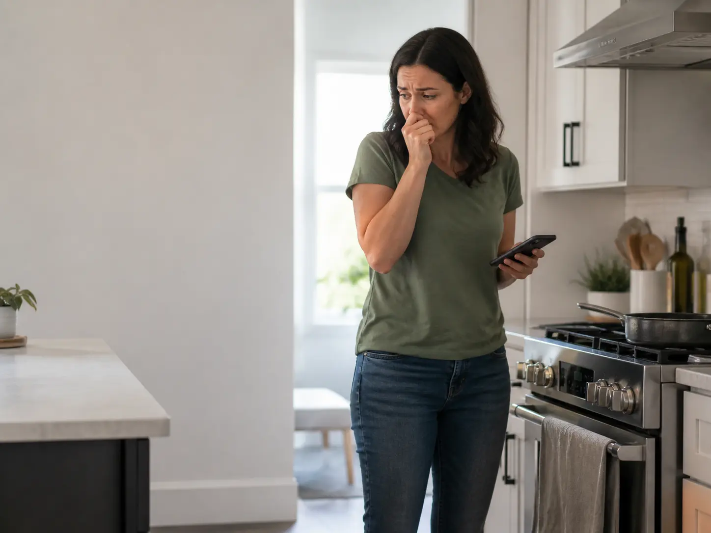 Person reacting to a possible gas smell in the kitchen