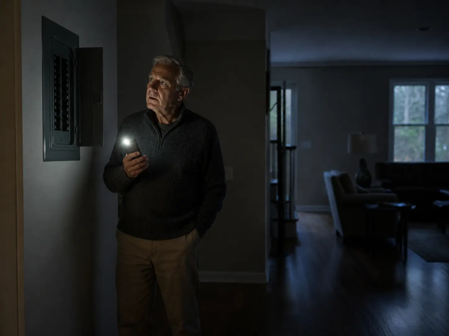Person checking an electrical panel during a power outage
